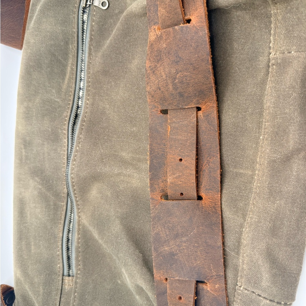 In Blue Handmade Pecan Waxed Canvas & Leather Messenger Bag - LINED + ZIPPER - Picture 11 of 12
